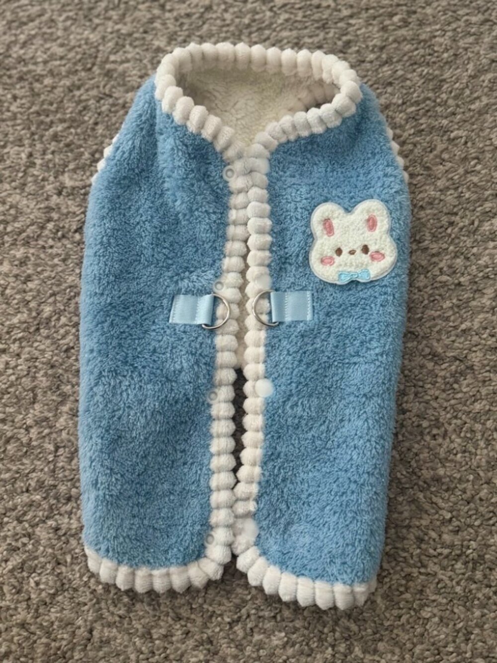 Cute Blue Fleece Dog Vest with Built-in Harness Rings & Bunny Patch - Size L